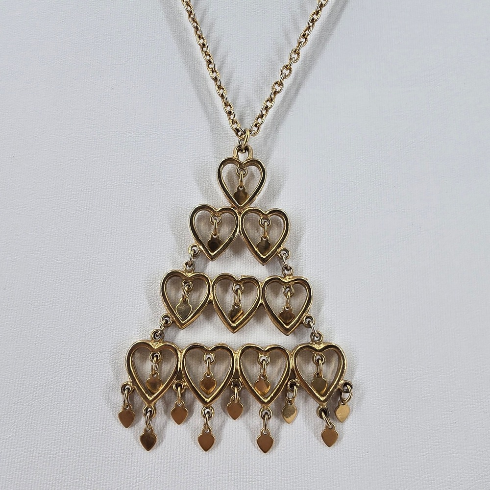 Vintage Gold Tone Tiered Heart Chandelier Pendant Necklace Multi Drop Statement